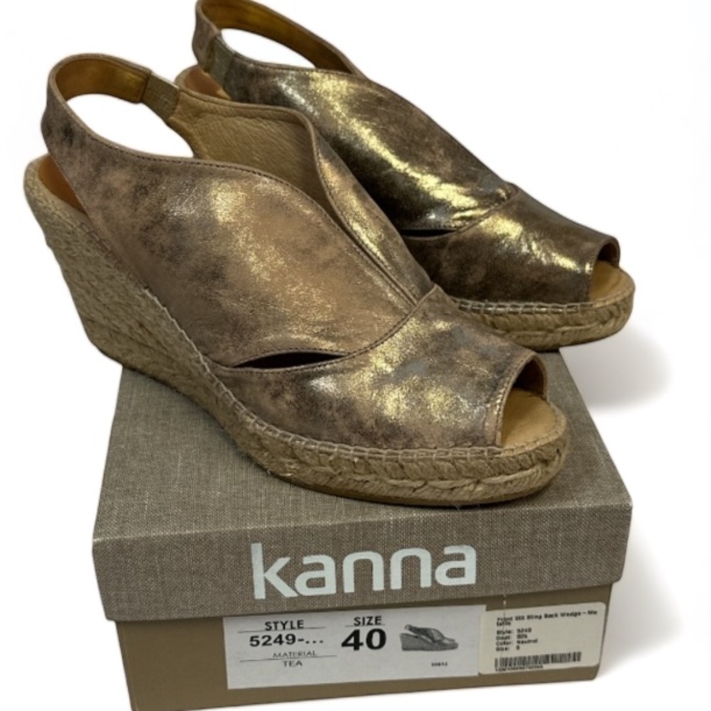 Kanna Metallic Leather Espadrille Wedge Peep Toe Sling Back Sandal Size 9 / 40